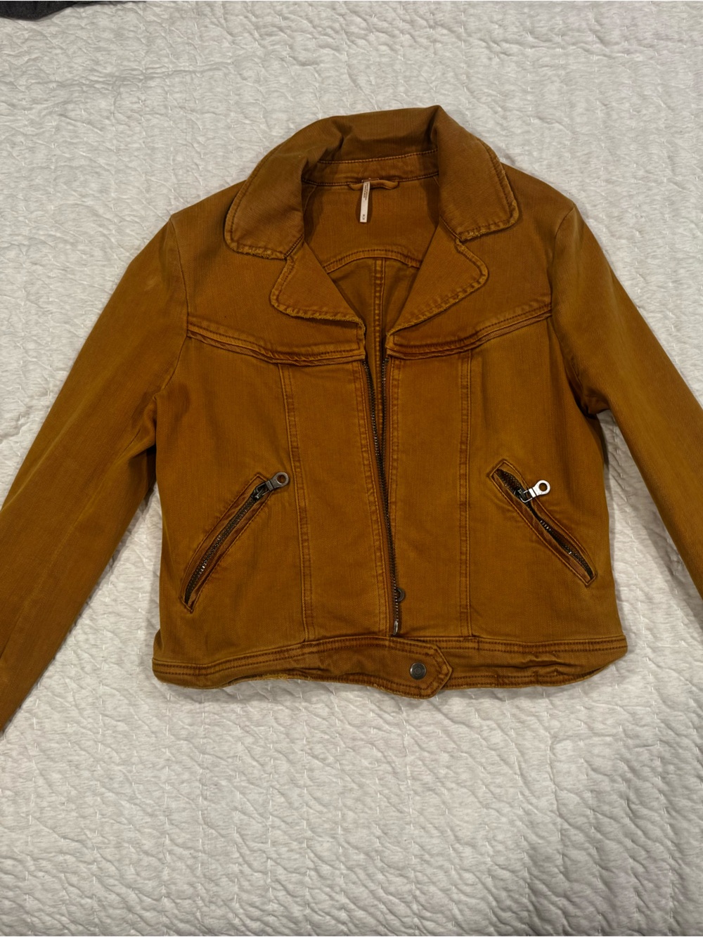 Free People Rust Brown Jean Jacket with Zip Pockets